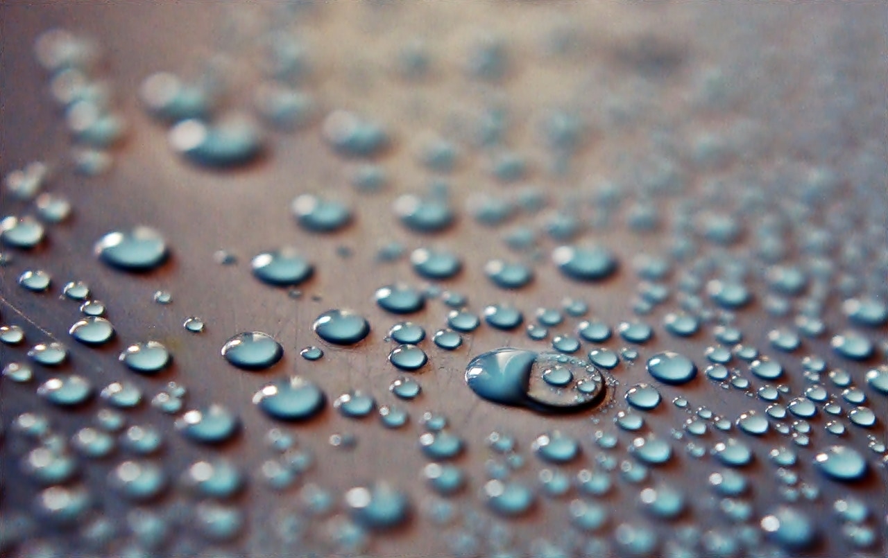 Macro of water beading on a ceramic-coated hood — hydrophobic Ceramic Pro finish